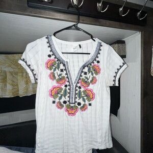 Anthropologie White and Pink Graphic Embellished Blouse